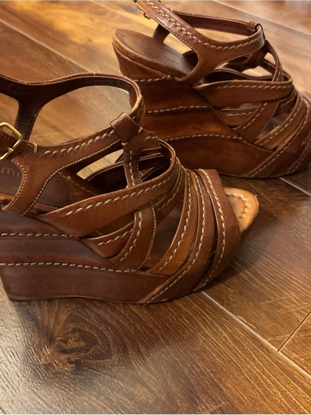 Miu Miu Brown Nappa Washed Leather Wedges Sz 39.5 US 9.5